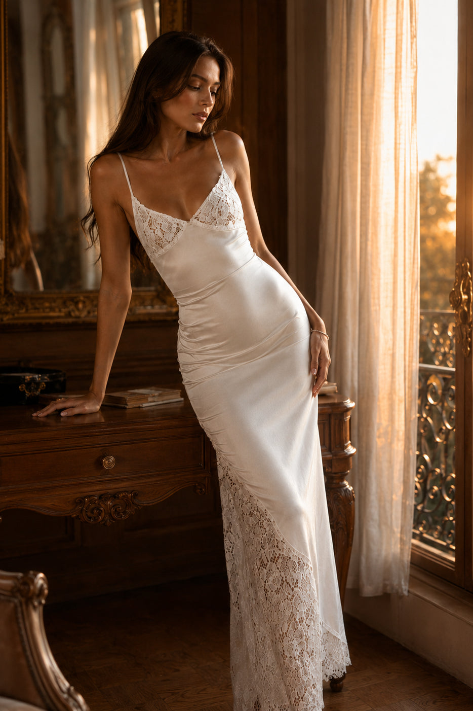 Lace Panel V Neck Cutout Back Tie Evening Slip Dress