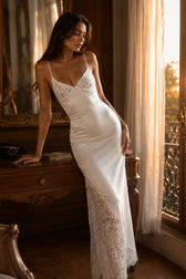 Lace Panel V Neck Cutout Back Tie Evening Slip Dress