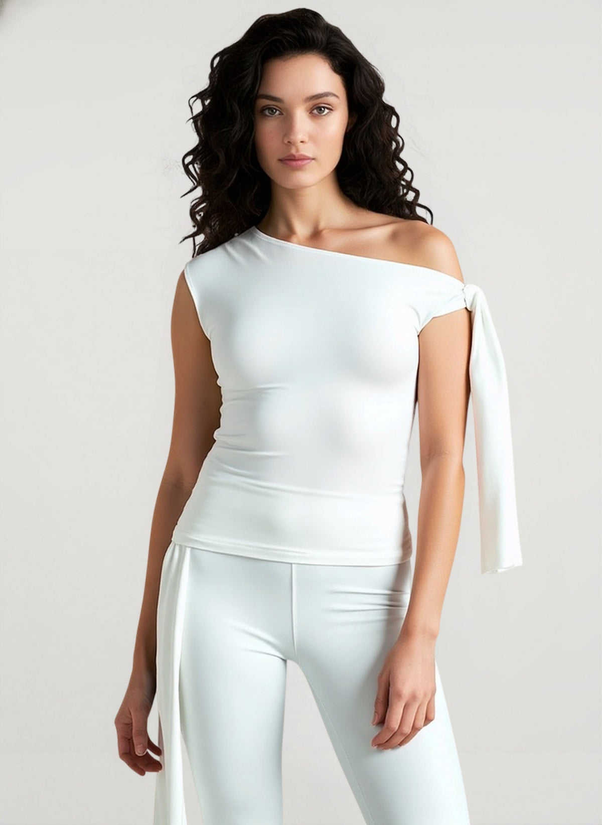One Shoulder Tie Detail Top and Fitted Pants Two Piece Set