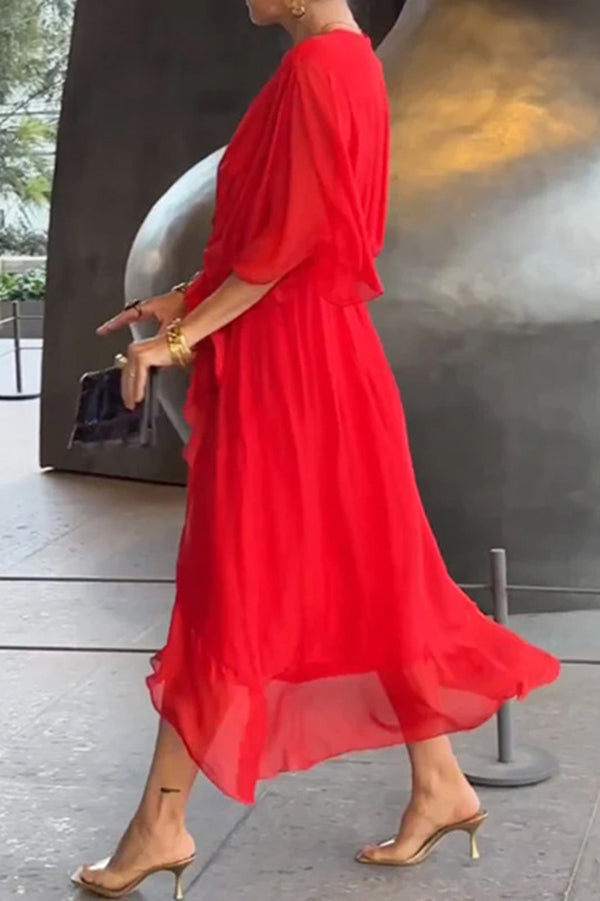 Solid Color V-neck Bat Sleeve Lace-up Irregular Hem Midi Dress - View 13