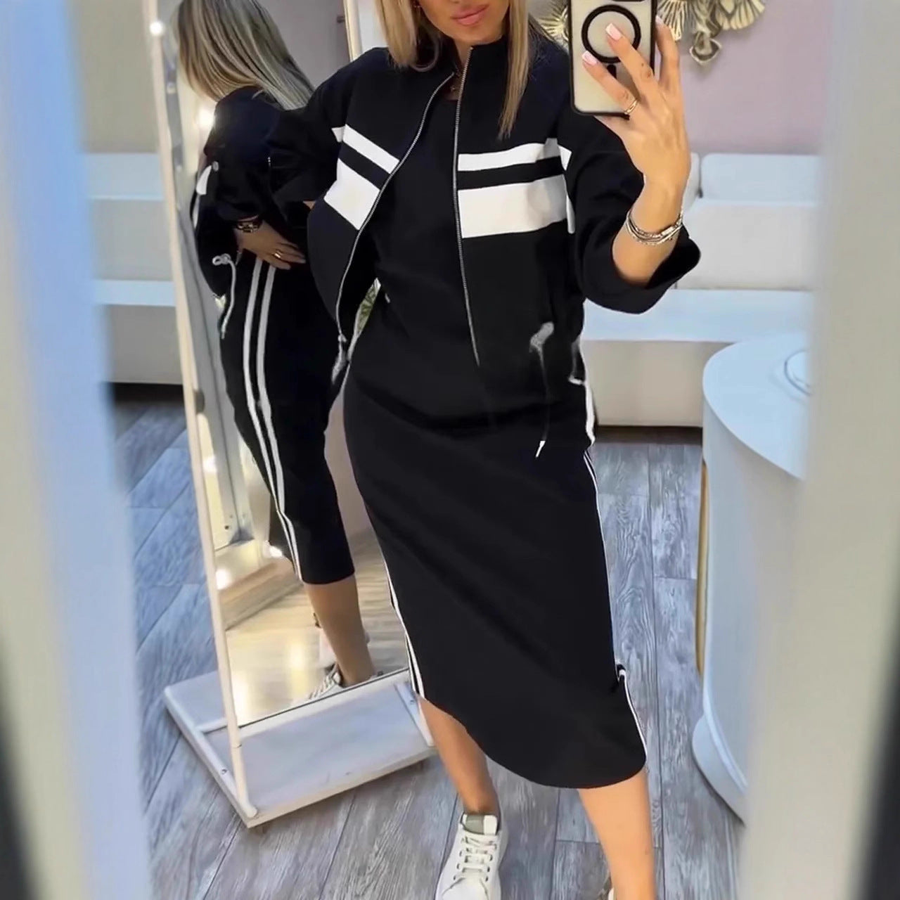 Striped Zip Up Jacket and Midi Skirt Two Piece Set 6