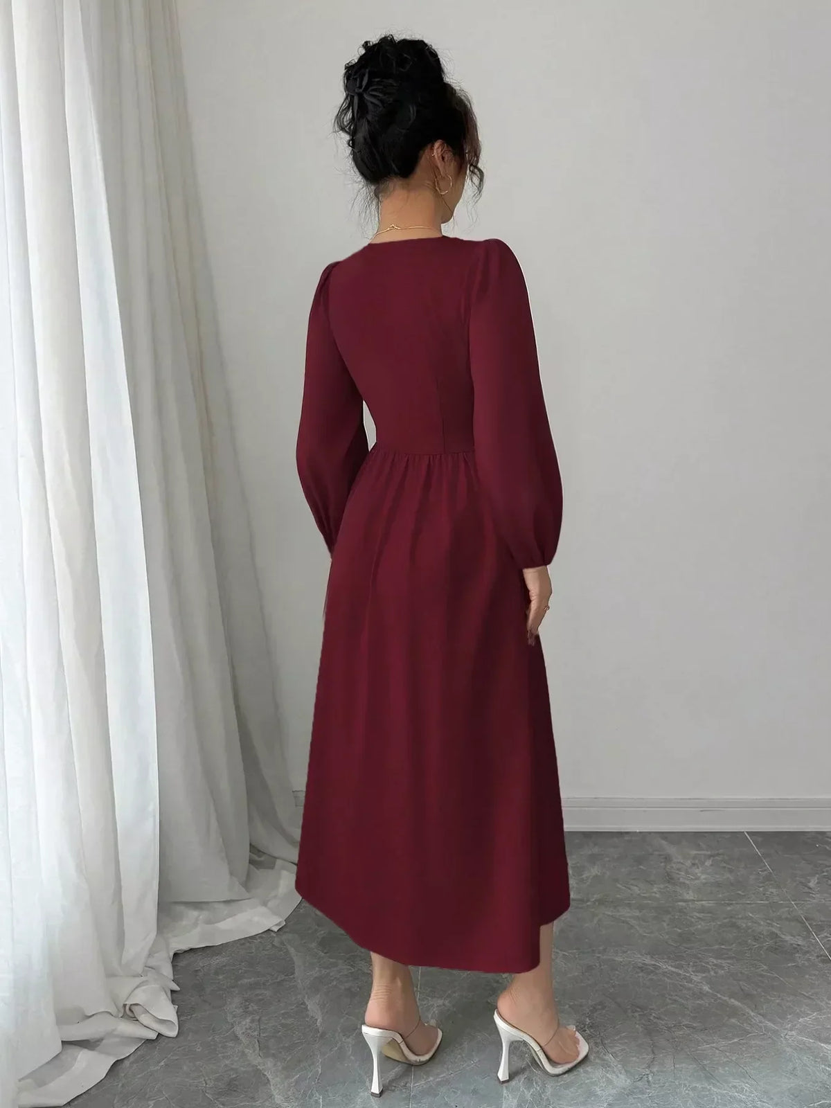 Square Neck Balloon Sleeve Button Front A-Line Midi Dress 2
