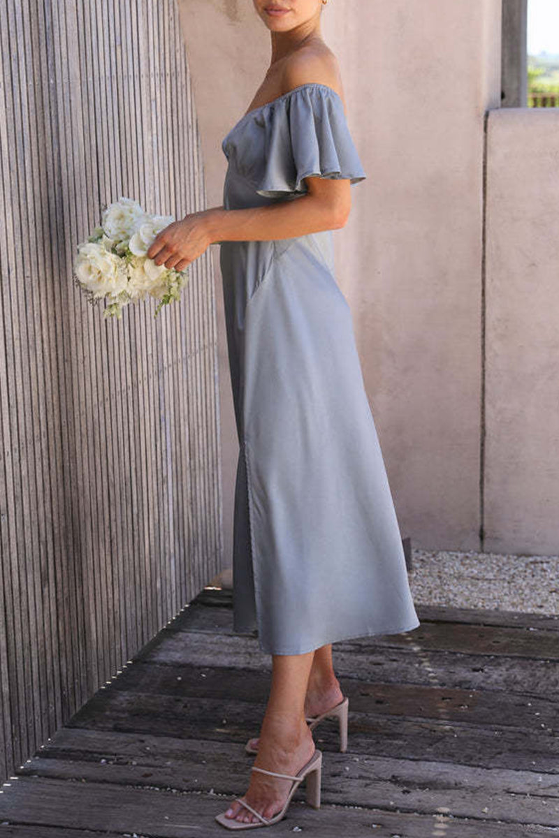 Satin Off Shoulder Sweetheart Ruched Bust Flutter Sleeve Side Slit Midi Dress