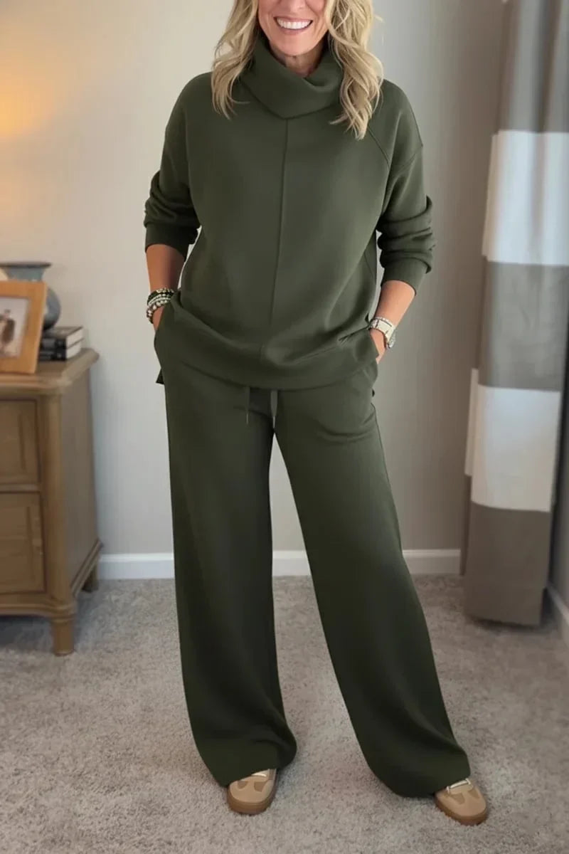 Cowl Neck Long Sleeve Top and Wide Leg Pants Two Piece Set