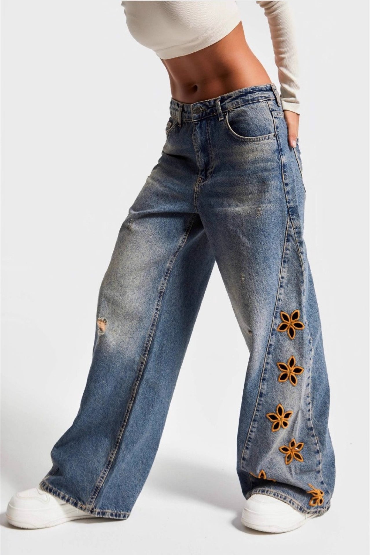 High Waist Embroidered Wide Leg Loose Fashionable Jeans
