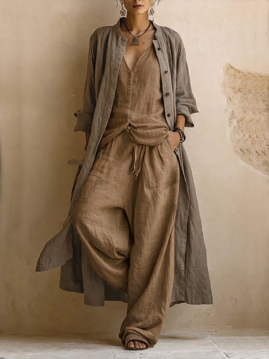 Long Duster Sleeveless Top and Wide Leg Pants Three Piece Set