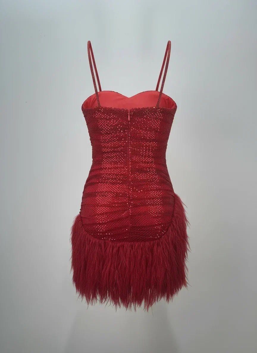 Sequin Mesh V-Neck Ring Strap Ruched Feather Hem Mini Dress 5