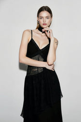 Lace Trim Sheer Waist Tie Cami Maxi Lace Dress