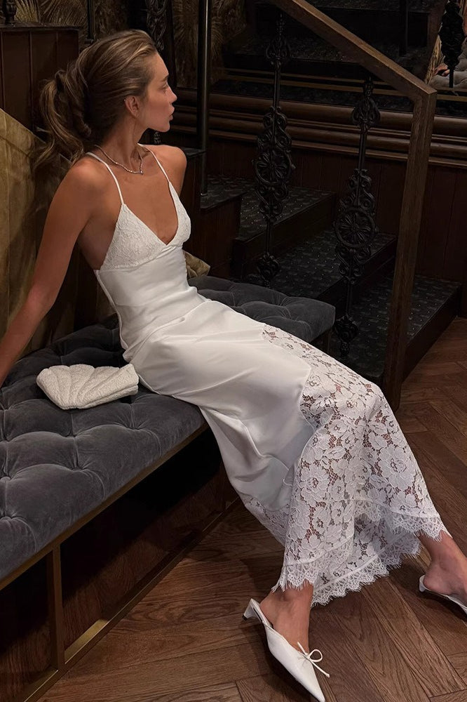 Deep V-Neck Lace Panel Cami Lace Dress