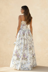 Rayon Printed Strap Pleated Chic Maxi Dress