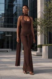 Silver Ribbon Backless Waist Cinch Maxi Bodycon Dress