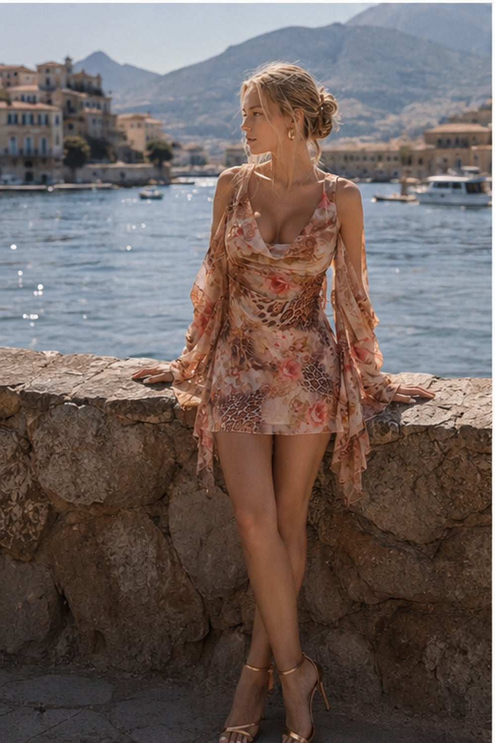 Cowl Neck Backless Leopard Mesh Mini Dress