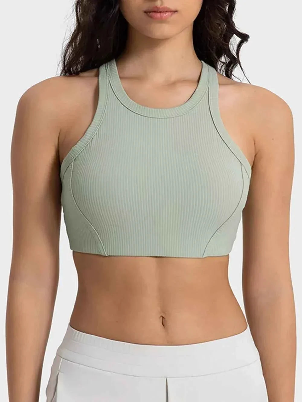 Ribbed Round Neck Wide Strap Cropped Sport Tank Top 4