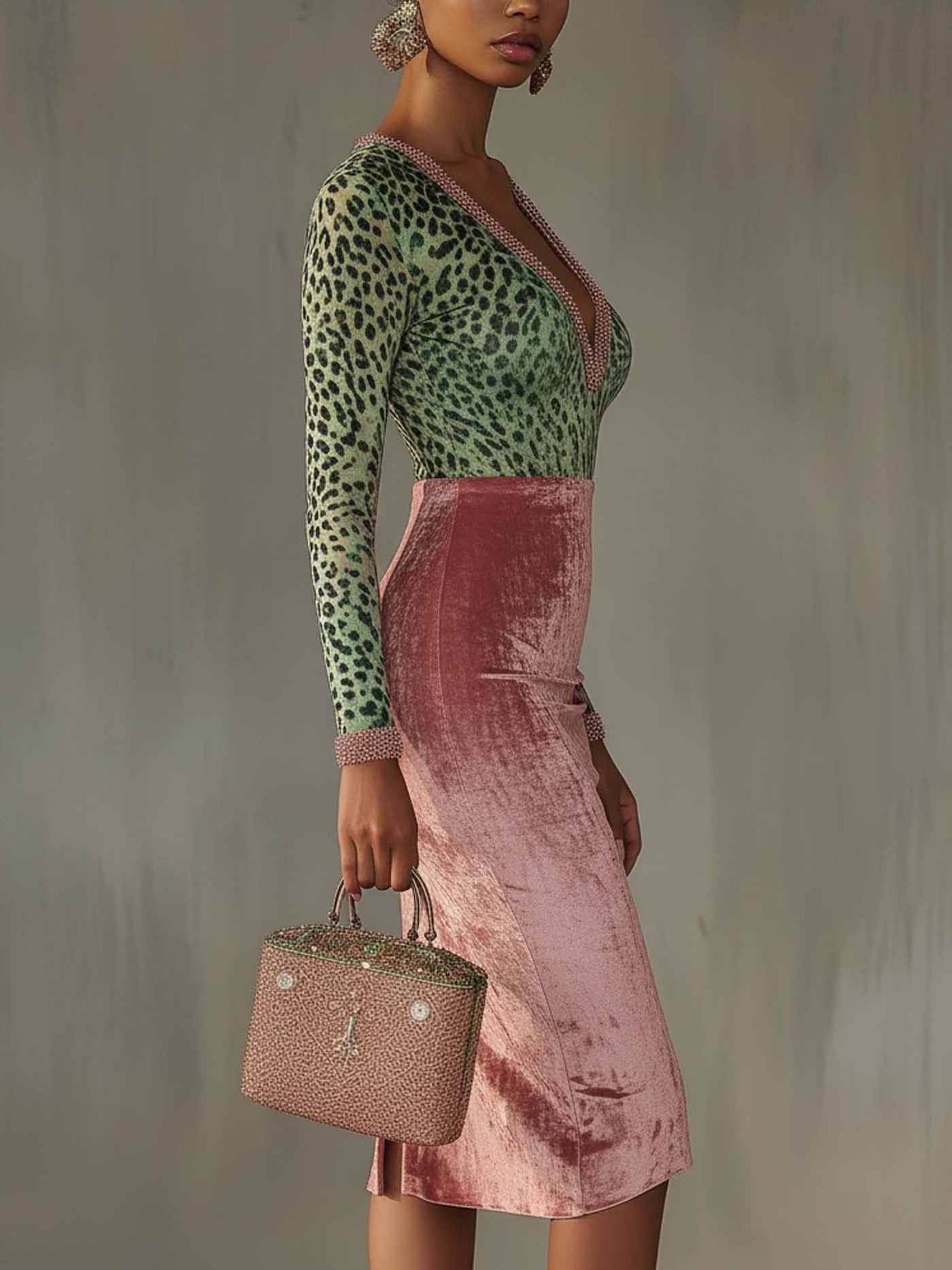 Faux Two Piece Leopard Print V-Neck Long Sleeve Velvet Midi Dress 3