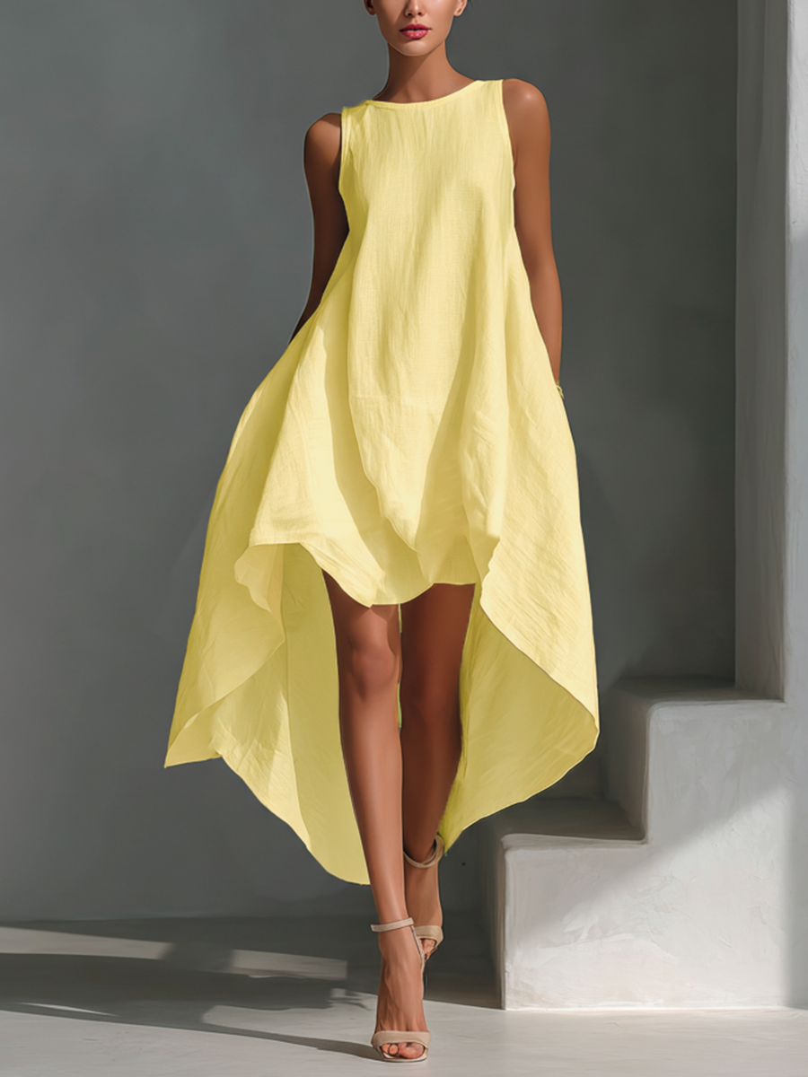 Round Neck Sleeveless High Low Linen Look Midi Dress 3