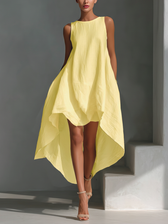 Round Neck Sleeveless High Low Linen Look Midi Dress 3