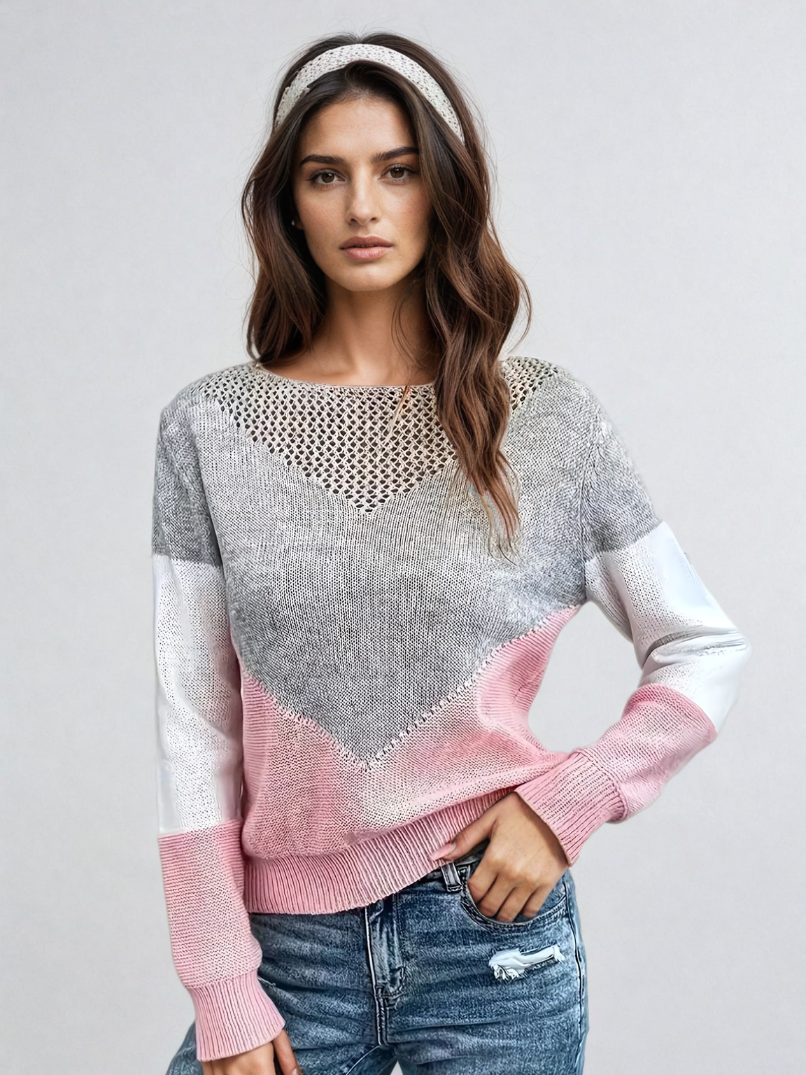 Boat Neck Long Sleeve Pointelle Knit Sweater