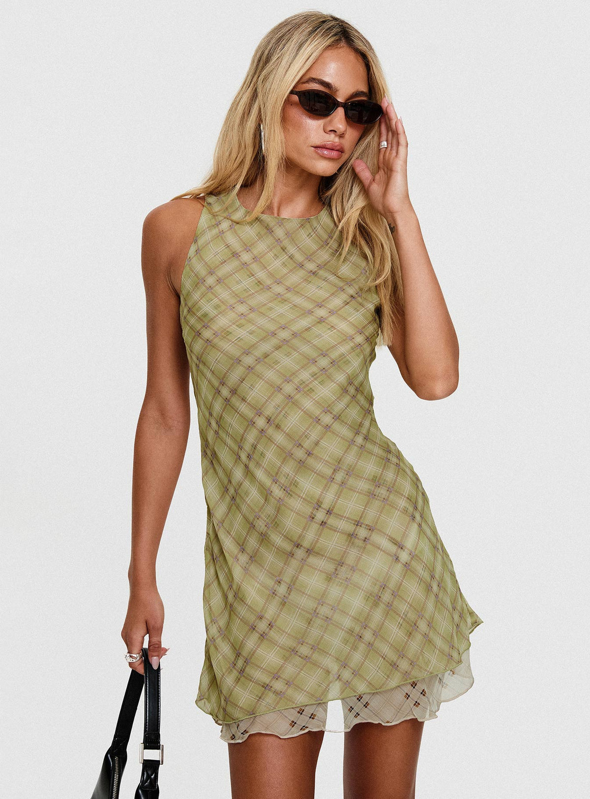 Plaid Mesh Sleeveless Crew Neck Layered Hem Shift Mini Dress 8