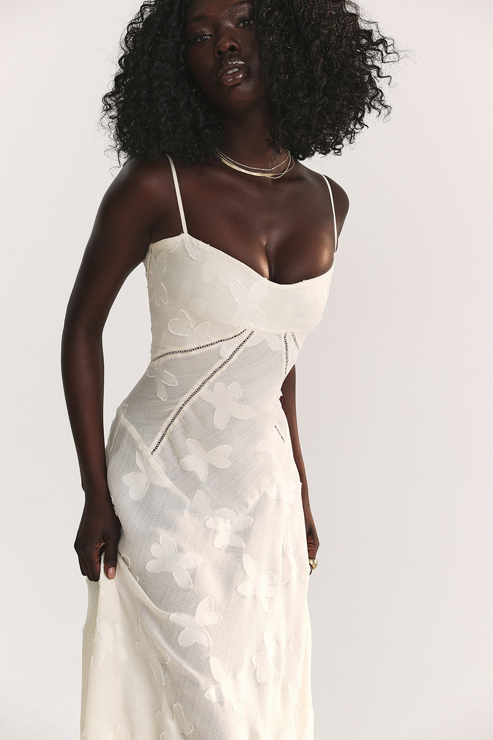 Floral Lace Spaghetti Strap Corset Bodice Sheer Mesh Maxi Gown