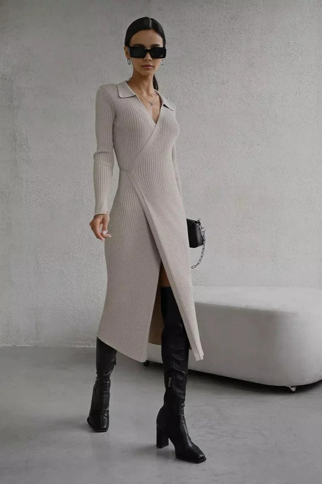 Belted Long Sleeve Solid Knit Sweater Dress