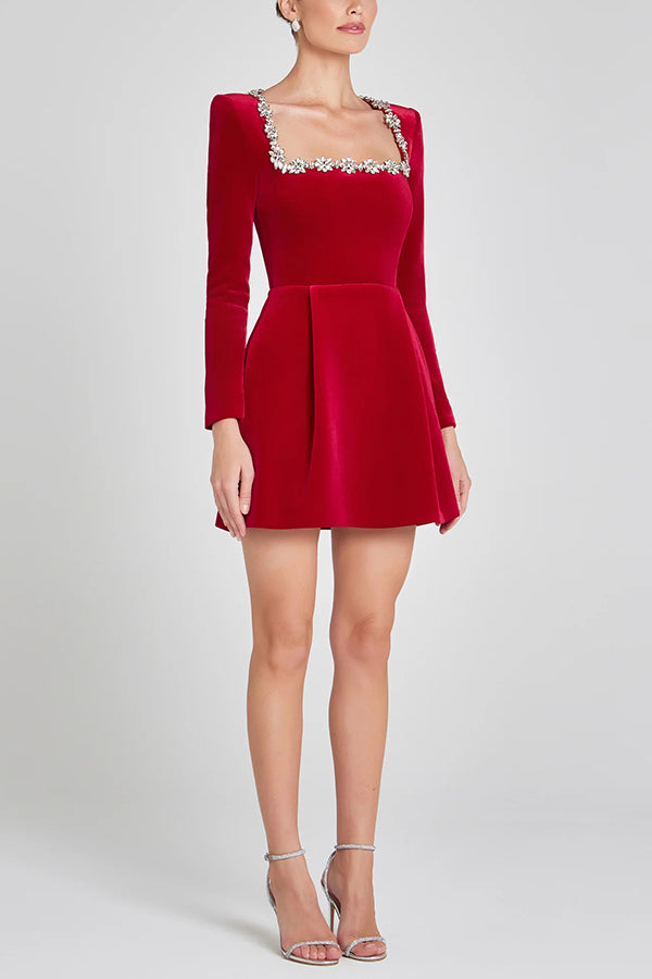 Endless Celebration Velvet Jewel Embellished Trim Mini Dress - View 12