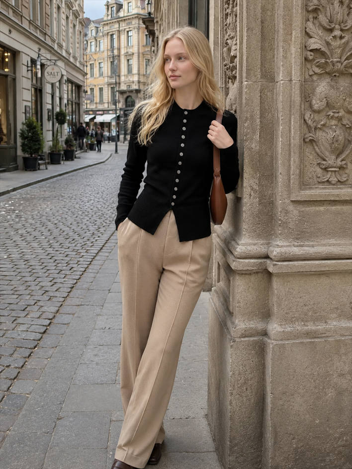 Crew Neck Long Sleeve Button Front Fitted Knit Cardigan