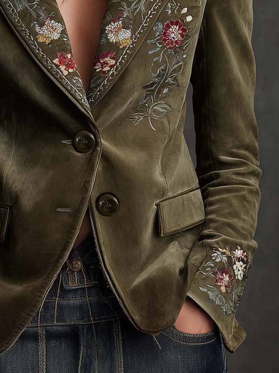 Embroidered Floral Velvet Single Button Blazer