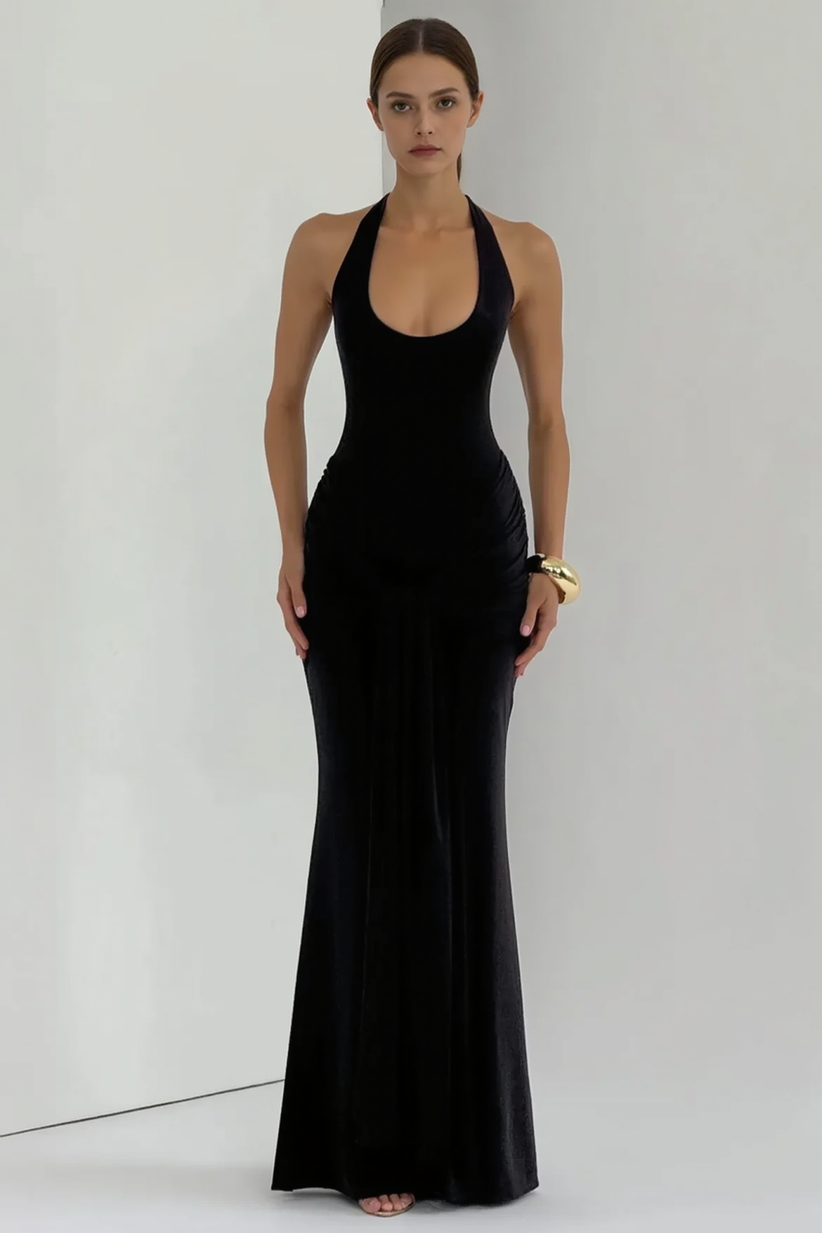 U Neck Halter Sash Panel Bodycon Party Dress