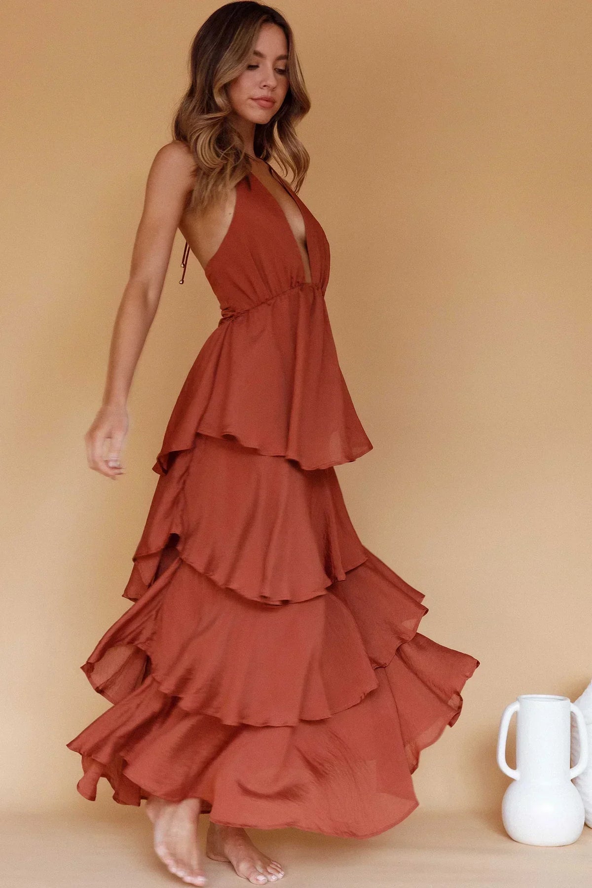 Plunge Halter Neck Tie Back Tiered Ruffle Maxi Dress