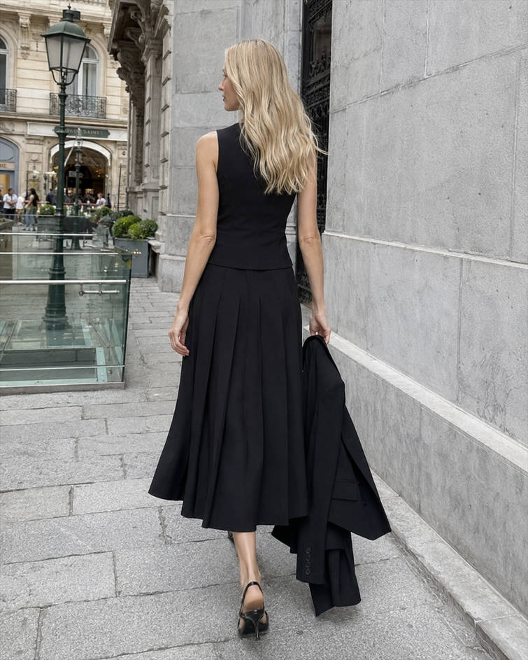 Sleeveless Double Breasted Vest and Pleated Midi Skirt Two Piece Set 2