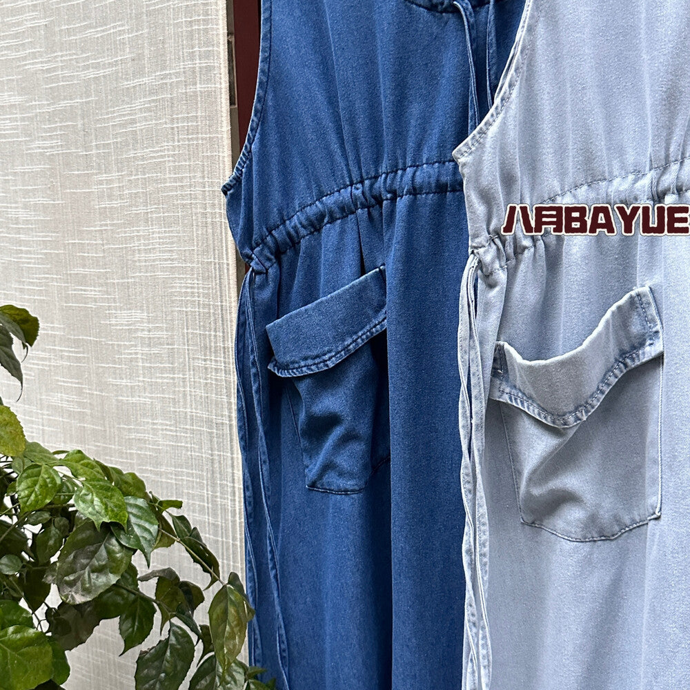Denim Sleeveless Drawstring Waist Pocket Midi Dress 5
