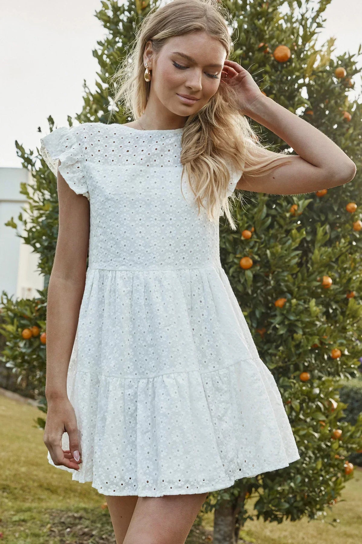Eyelet Embroidered Flutter Cap Sleeve Tiered Mini Dress 4