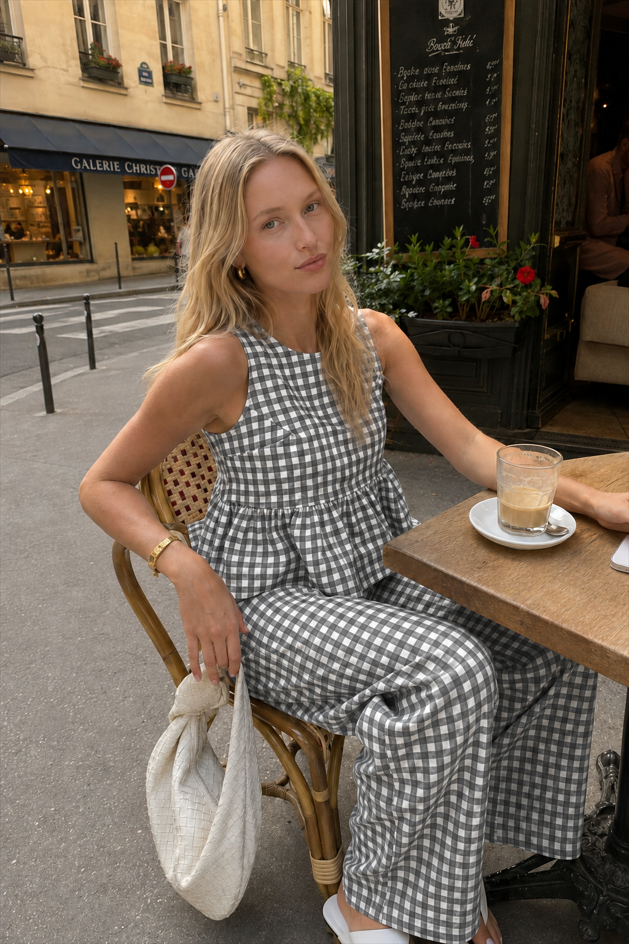 Plaid Ruffle Hem Round Neck Sleeveless Pants Set
