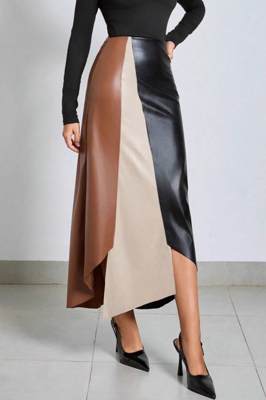 Color Block PU Leather High Waist Skirt