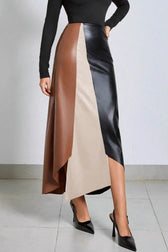 Color Block PU Leather High Waist Skirt