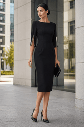 Sleek Beaded Solid Elegant Work Dress
