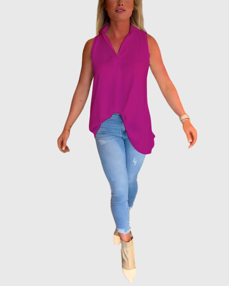 Collared Sleeveless High Low Blouse