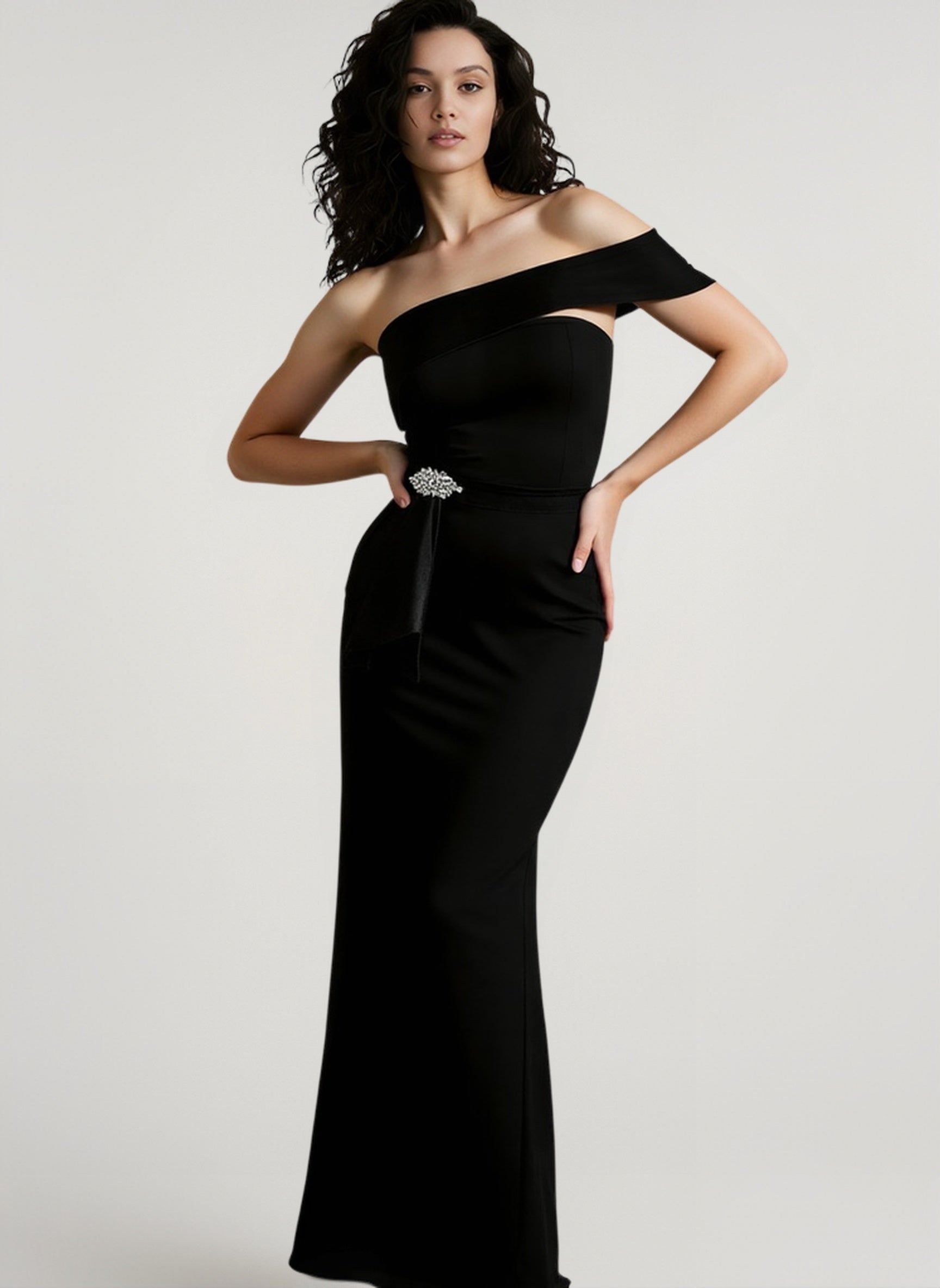 Satin Strapless Cut Out Peplum Rhinestone Column Maxi Dress