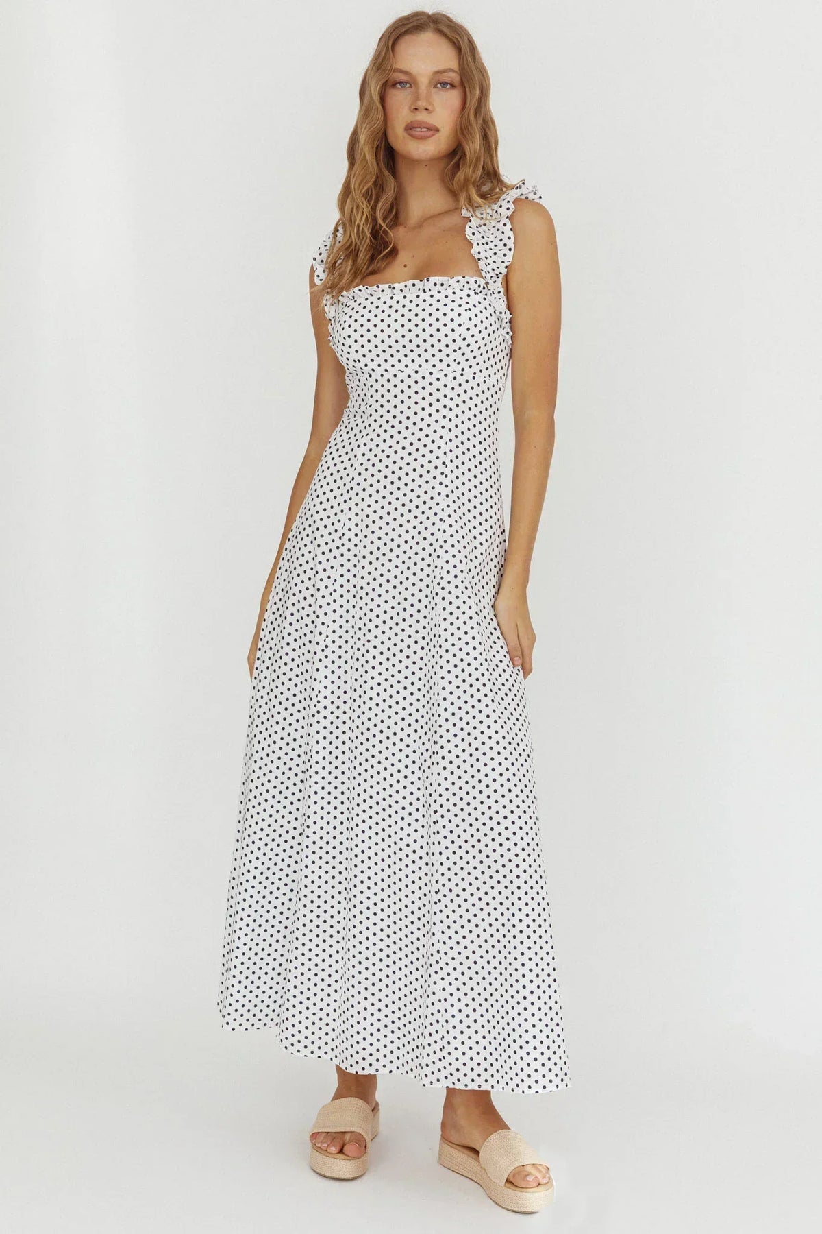 Polka Dot Square Neck Frill Strap Fit and Flare Maxi Dress 5