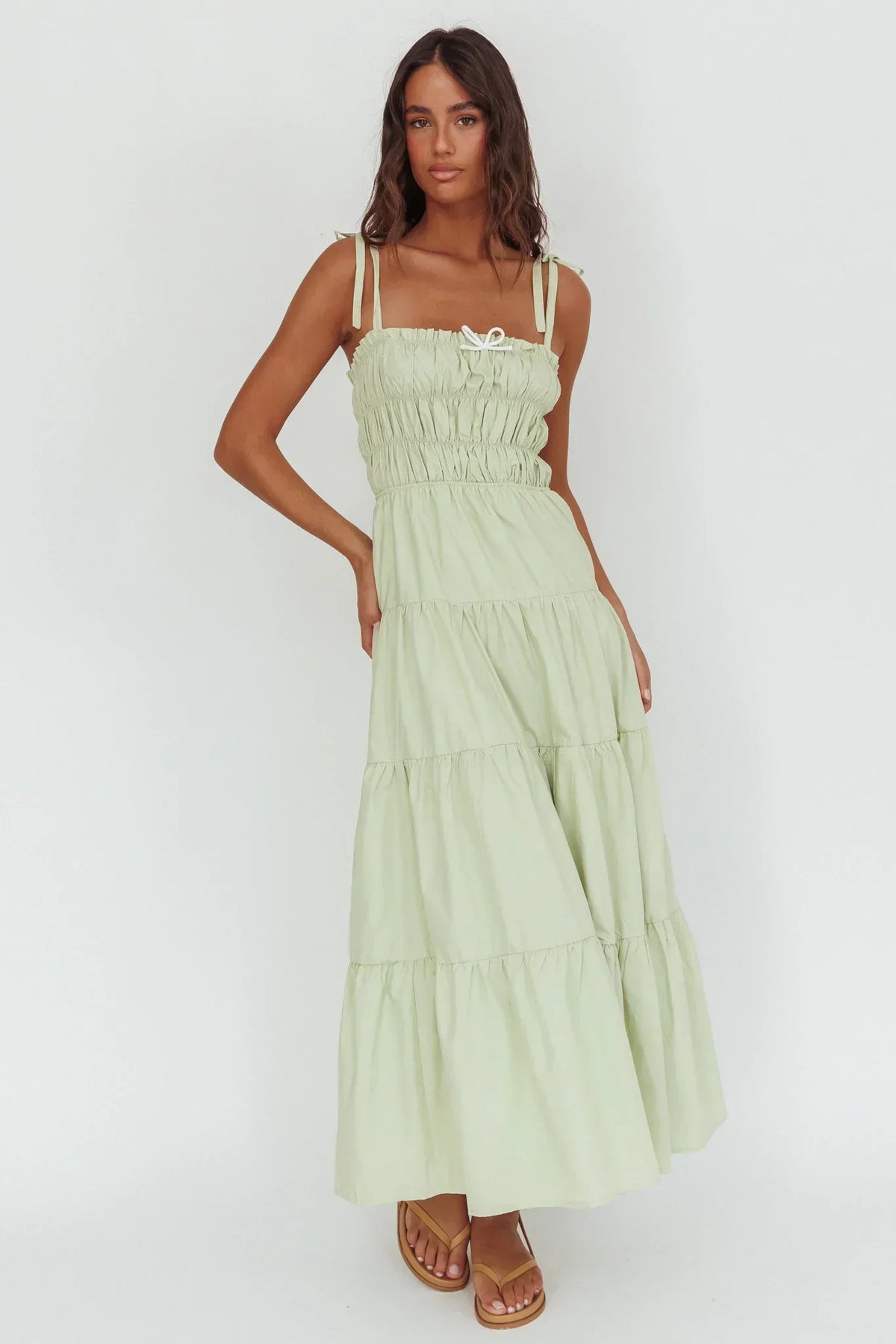 Tie Shoulder Smocked Bodice Bow Front Tiered Maxi Dress 4