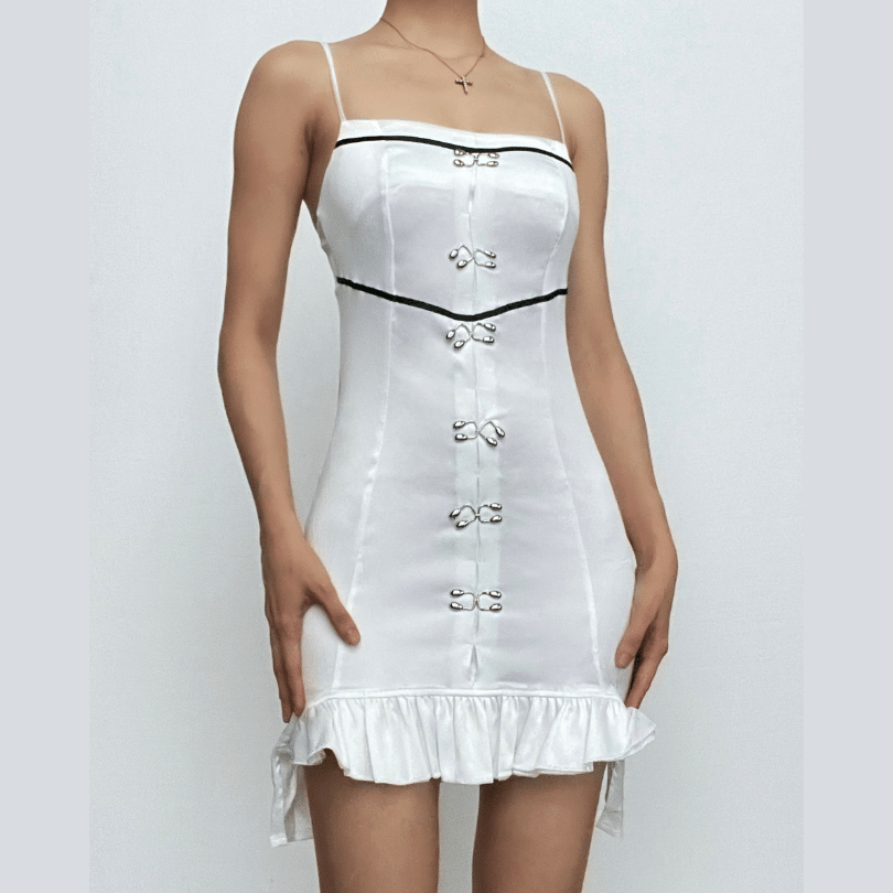 Square Neck Spaghetti Strap Metal Clasp Ruffle Hem Mini Dress