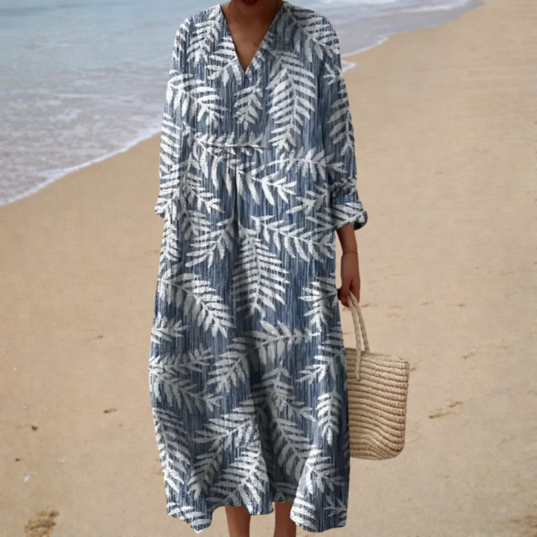 Leaf Print V-Neck Long Sleeve Loose Maxi Dress