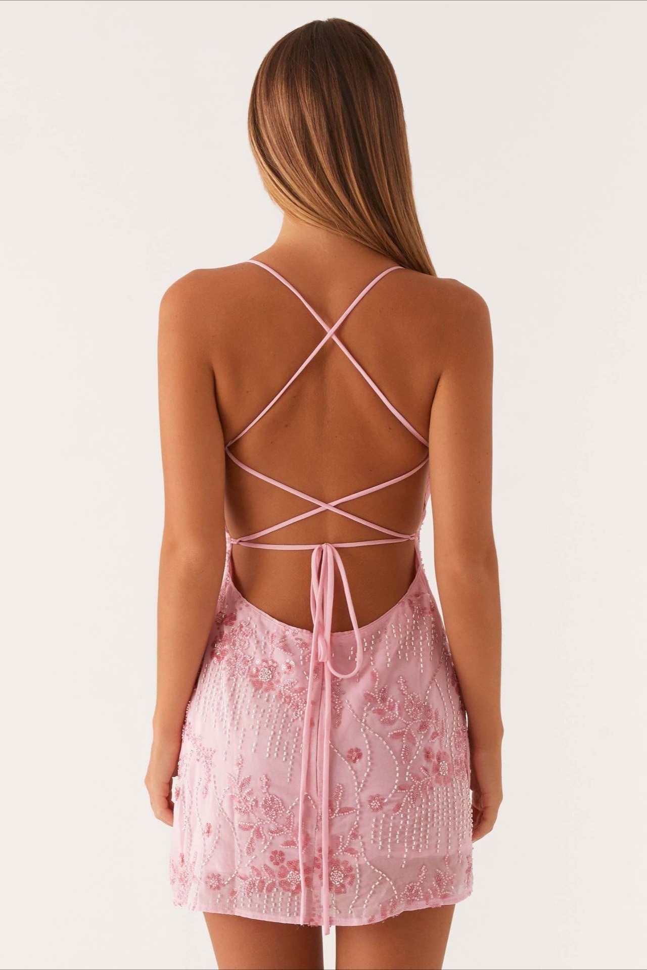 Beaded Floral Spaghetti Strap Deep V-Neck Open Back Bodycon Mini Cocktail Dress