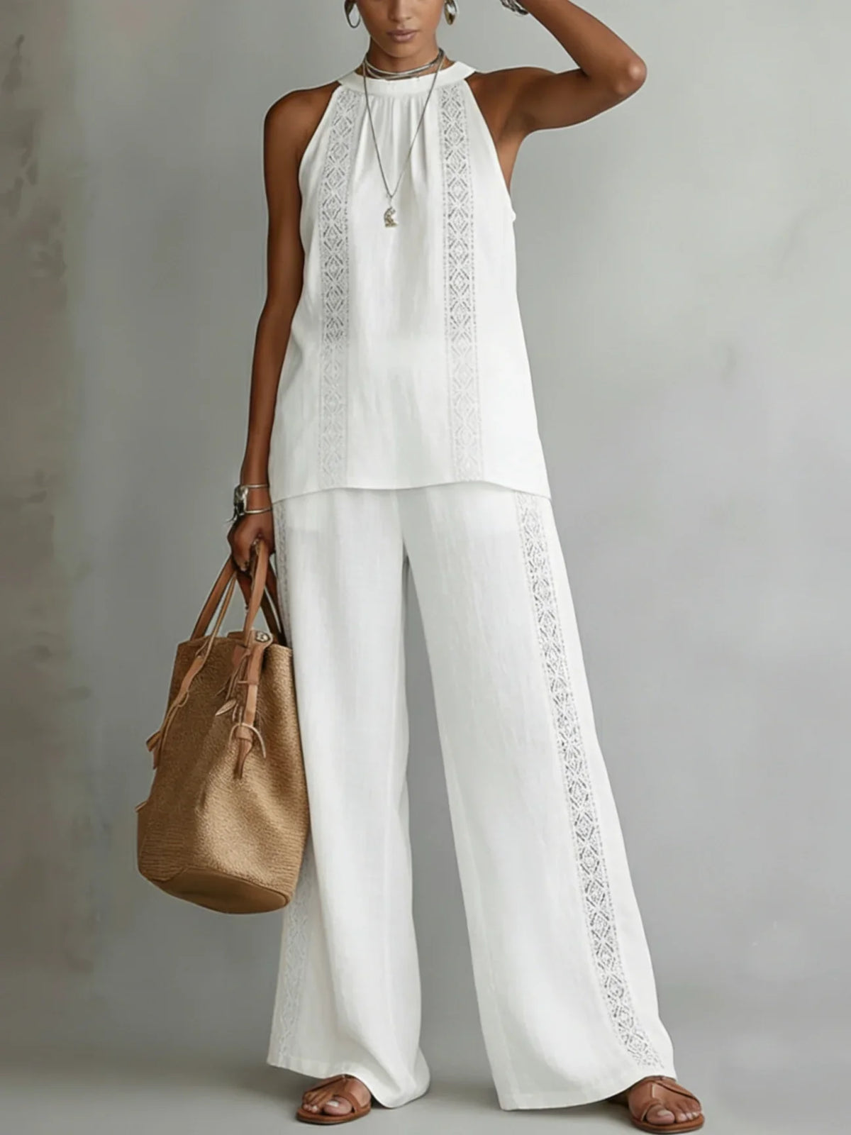 Halter Neck Crochet Trim Top and Wide Leg Pants Two Piece Set