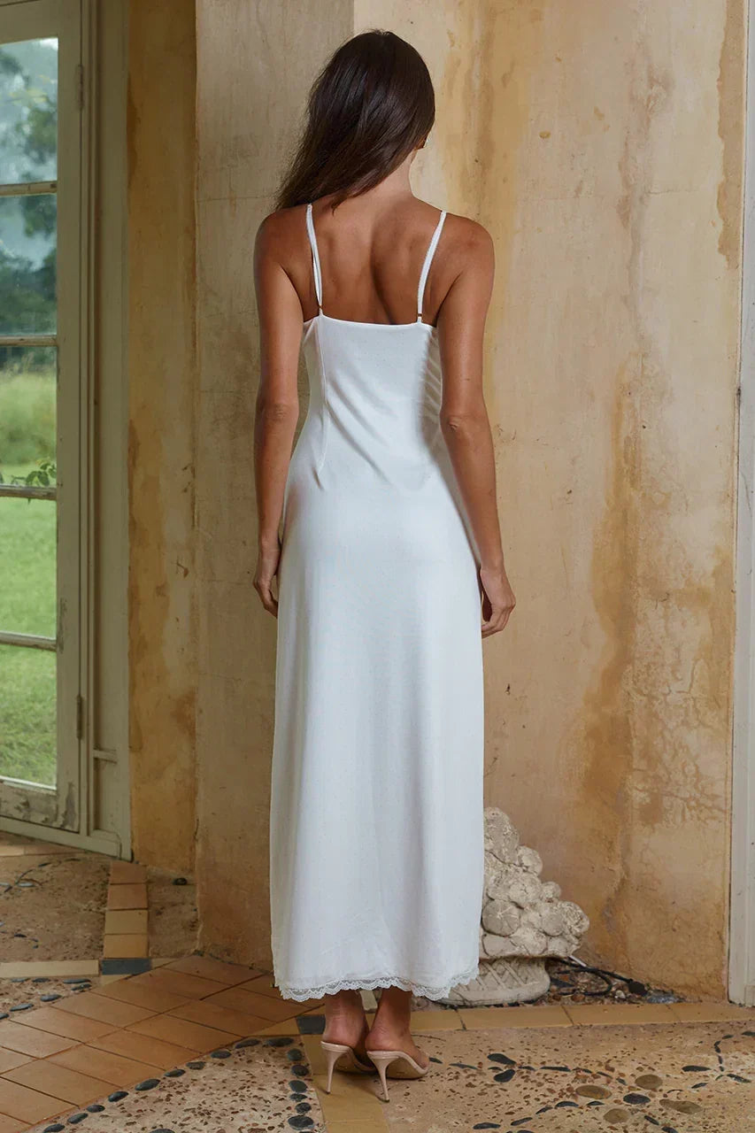 Lace Trim V-Neck Tie Front Cami Strap Maxi Slip Dress 4