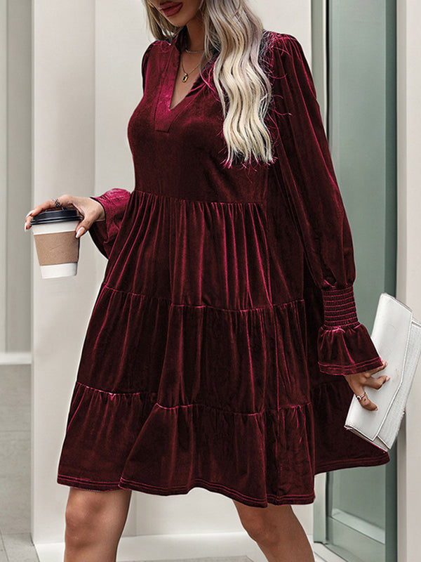 Velvet V-Neck Long Sleeve Tiered Mini Dress 11