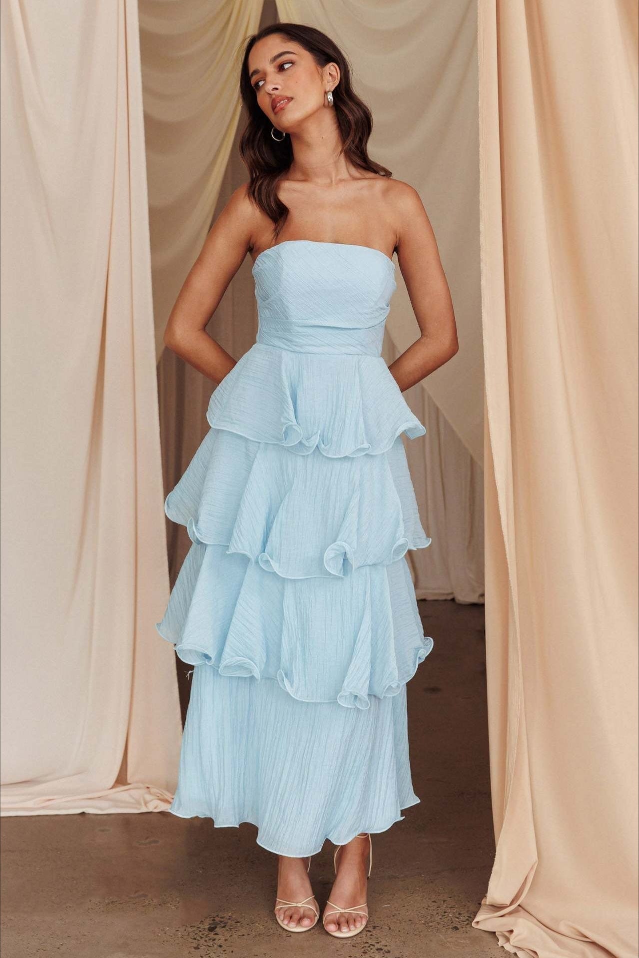 Strapless Tiered Ruffle Fit and Flare Midi Dress