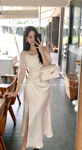 Satin Cowl Neck High Split Ruffle Slip Dress 14