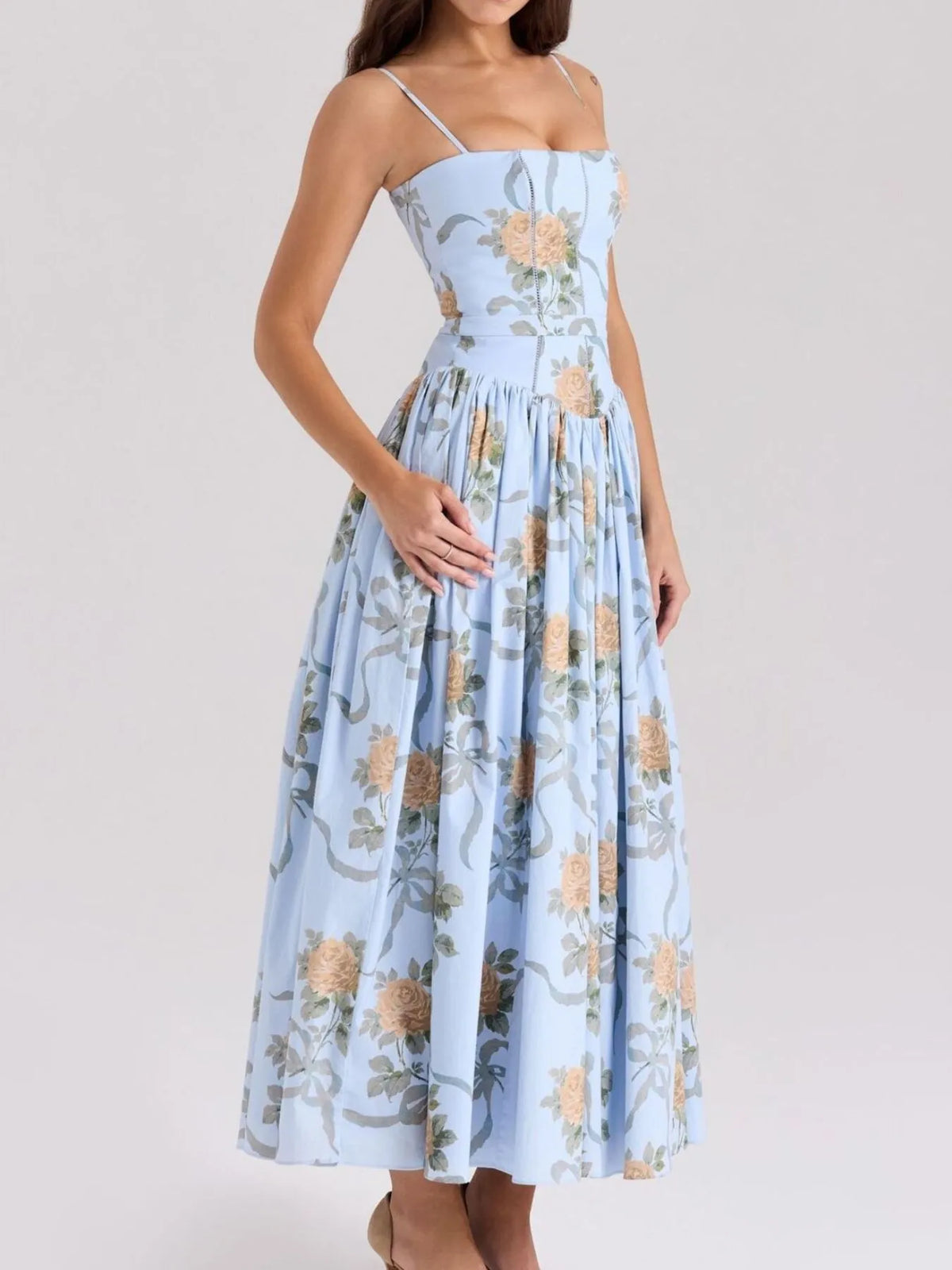 Floral Ribbon Print Corset Bodice Cami Pleated Midi Dress 2