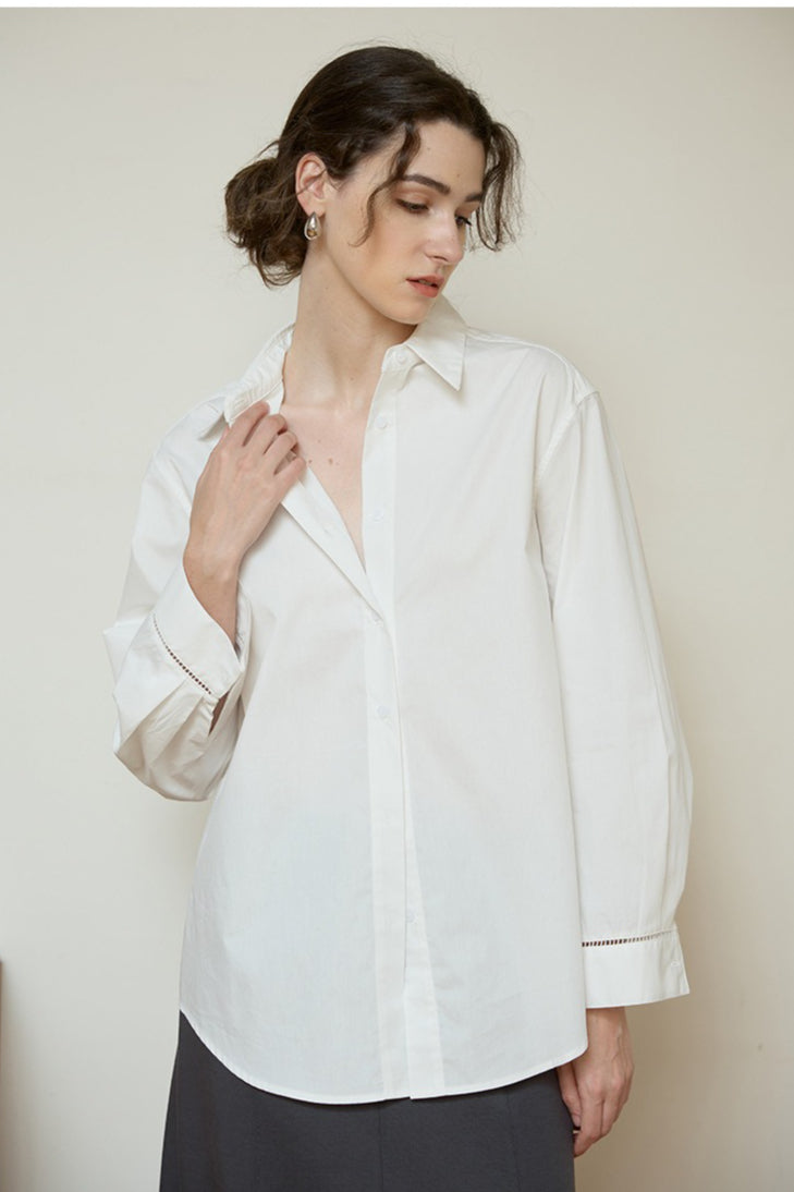 Collared Long Sleeve Curved Hem Relaxed Button Front Shirt 10